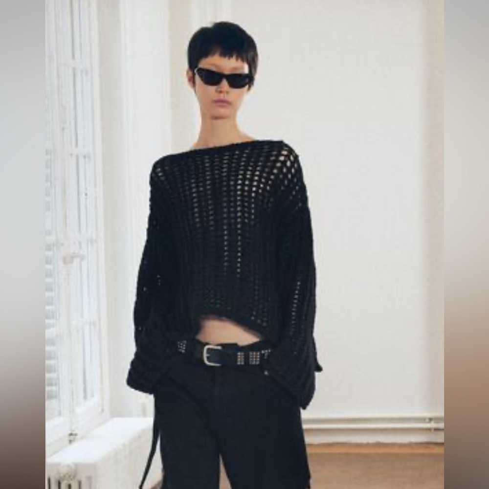 Zara Black Openwork Knit Crop Sweater